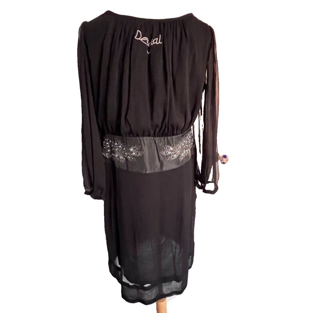 Desigual Black Dress EU 42 US L Peacock Embroidery Veil Sheer Sleeves Rochie - Picture 11 of 16